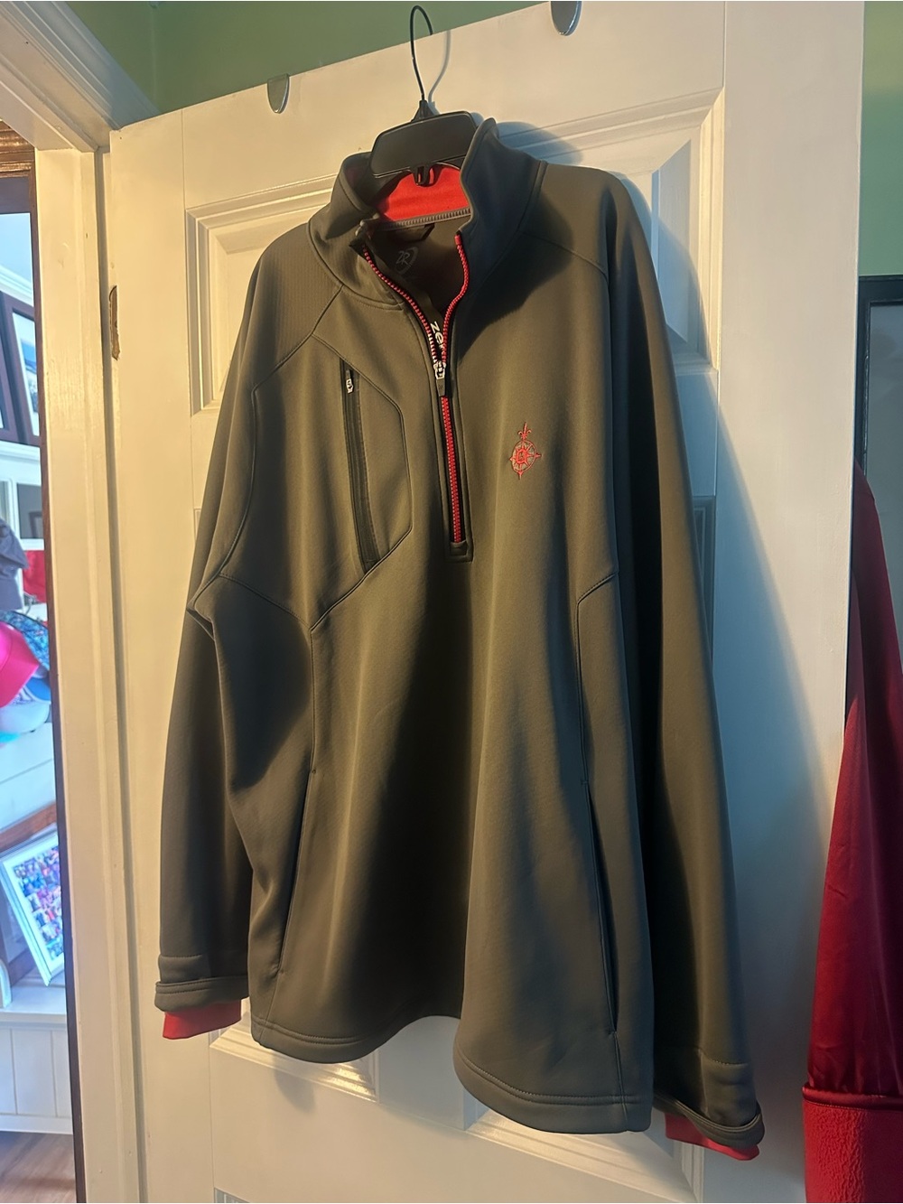 Men's Olive Green Quarter-Zip Performance Pullover with Red Trim